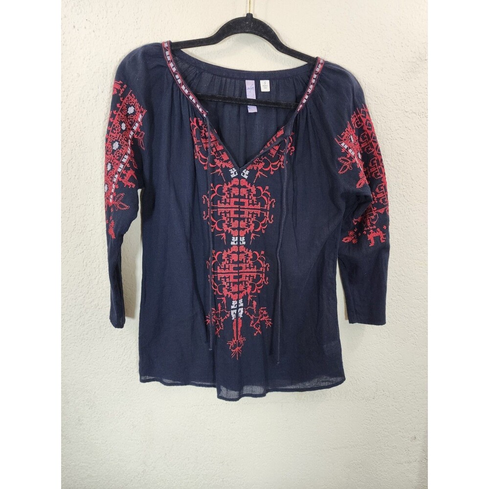 Alya Womens Blouse S Navy Blue Red Embroidered Boho Peasant Tunic Cotton